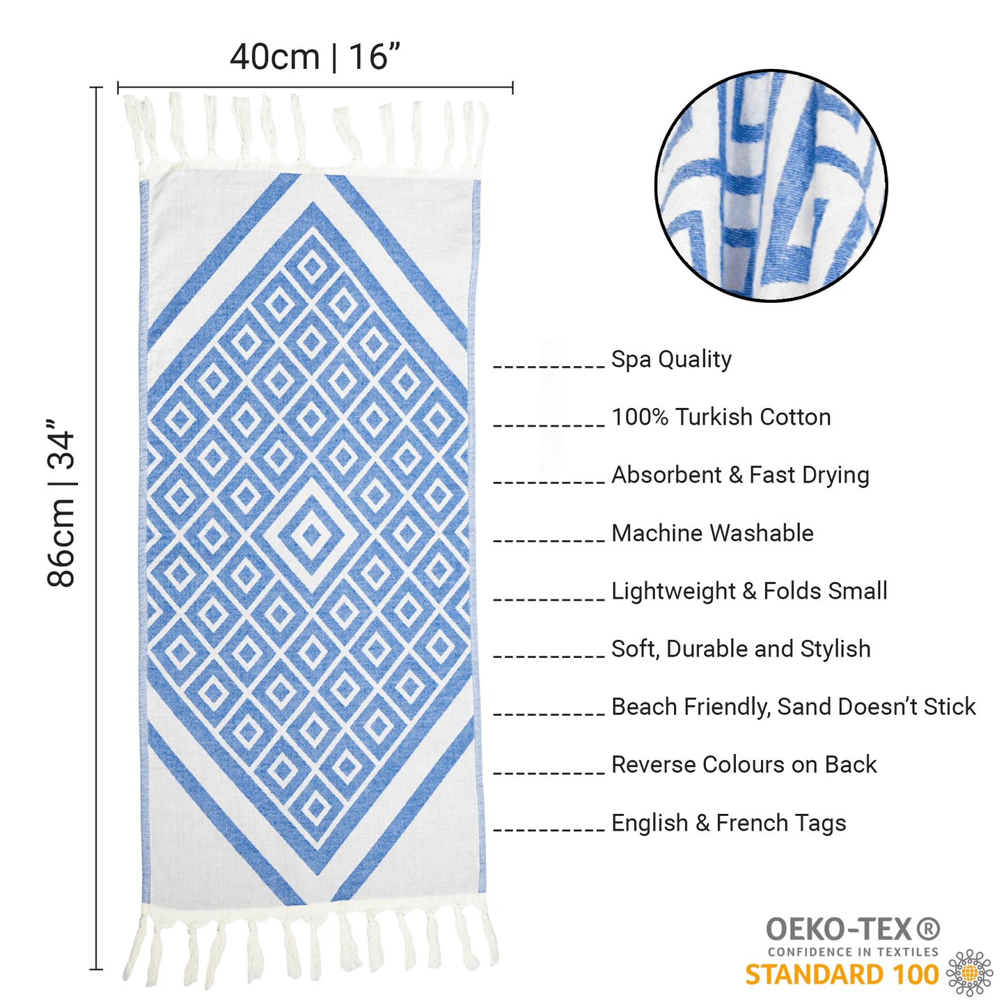Spa Quality Turkish Hand Towel in Blue & White Geometric Diamond