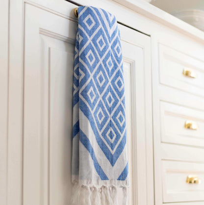 Spa Quality Turkish Hand Towel in Blue & White Geometric Diamond