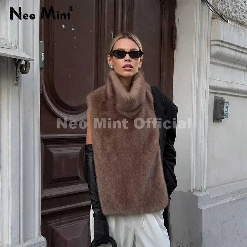 Neo Mint 2025 Brand Fashion Faux Fur Sable Vest Crop Top Autumn Winter Turtleneck Eco Mink Fur Tank Tops Sleeveless Jacket Coat Éditions Traditions & Modernité Inc. 186642768;20260626;17825177552xNuE