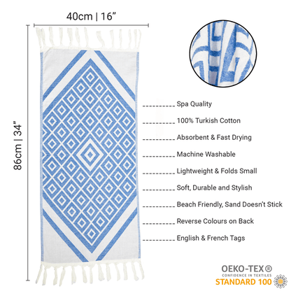 Spa Quality Turkish Hand Towel in Blue & White Geometric Diamond