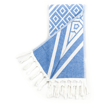 Spa Quality Turkish Hand Towel in Blue & White Geometric Diamond